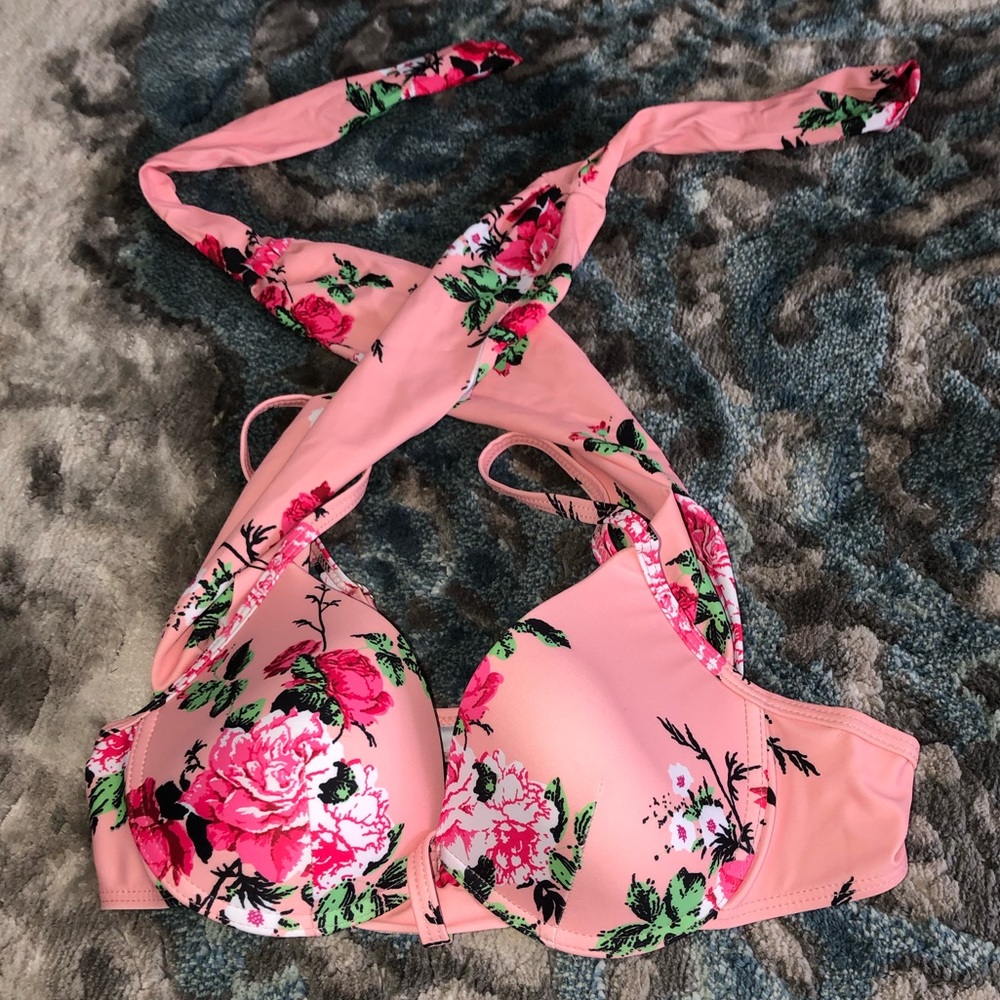 Cute Pink Floral Push Up Bikini Top